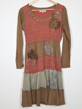 Pretty Angel Orange Brown Tiered Sweater Dress Long Sleeve Boho Hippie Small